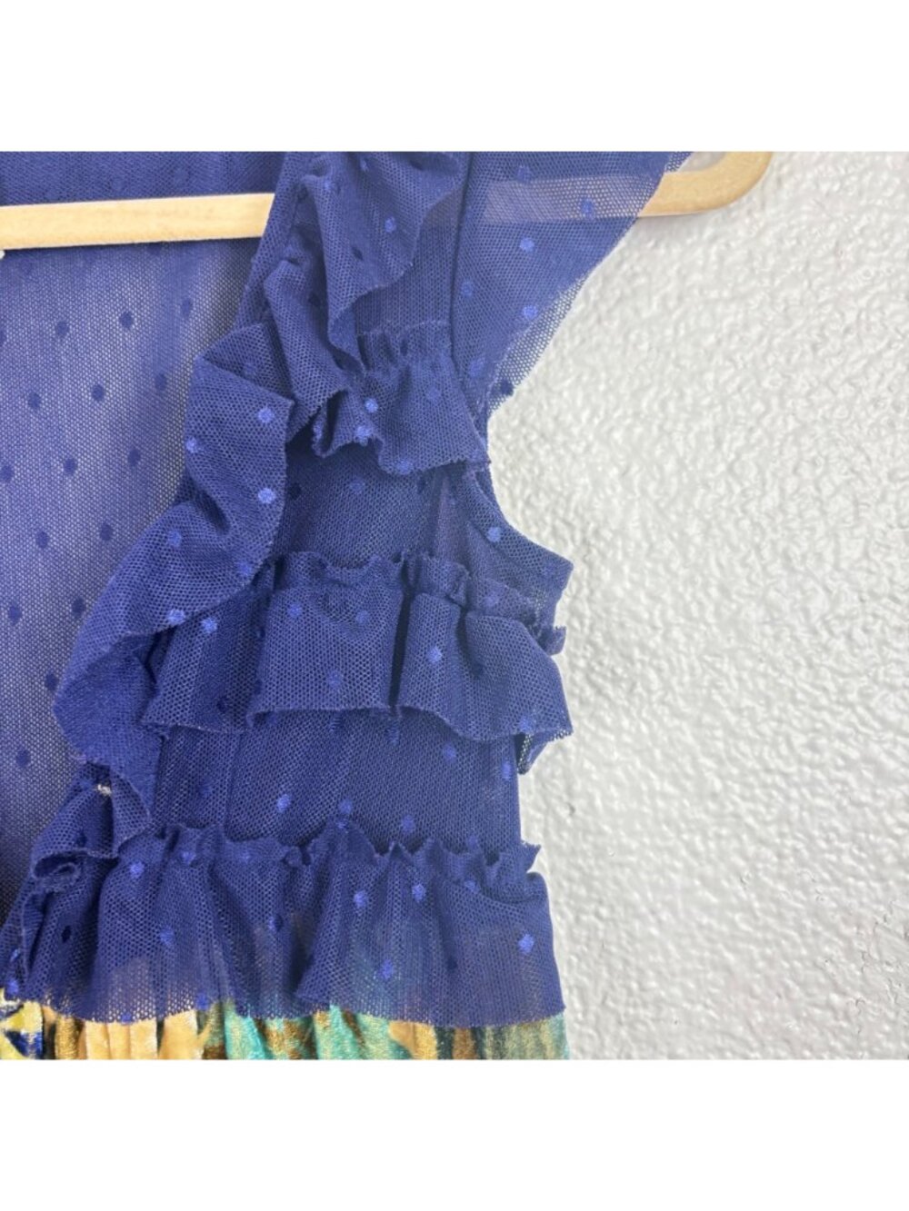 ✨3/$30 Free People XS Vtg Y2K Blue Floral Velvet Midi Dress Ruffle Polka Dot - Picture 4 of 5